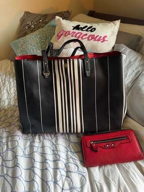 Tory Burch Black and White Striped Tote Bag